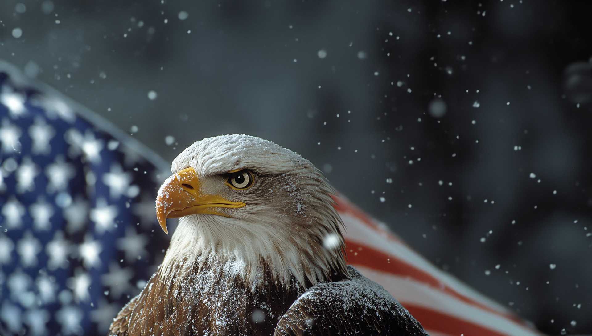 Bald eagle in front of US flag