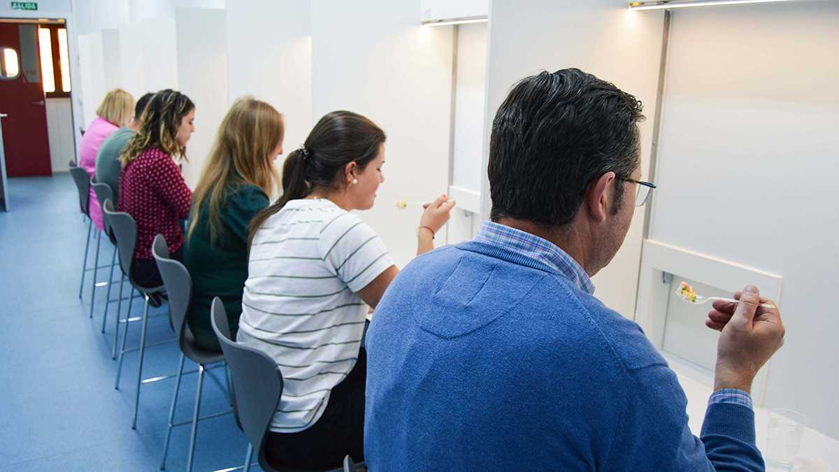 Grupo de pessoas sentadas em cabines individuais separadas por divisórias, a realizar uma prova sensorial com amostras alimentares em tabuleiros.