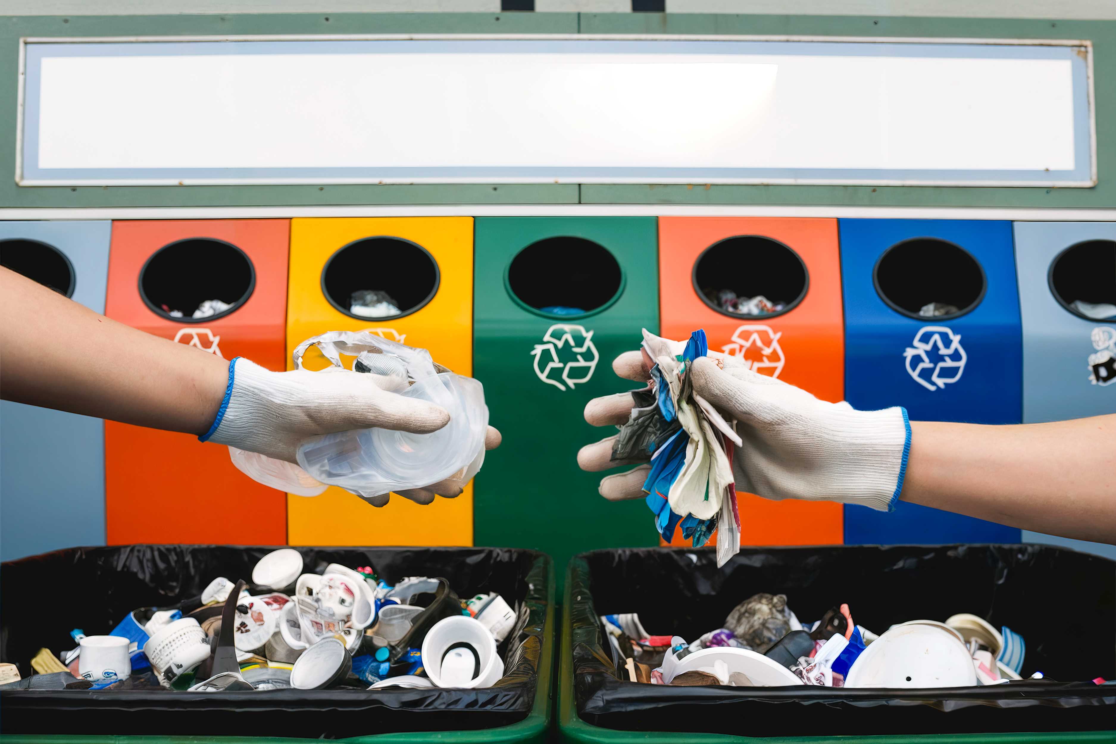 Duas mãos com luvas a separar resíduos plásticos para reciclagem, com contentores coloridos ao fundo identificados para diferentes tipos de materiais recicláveis.