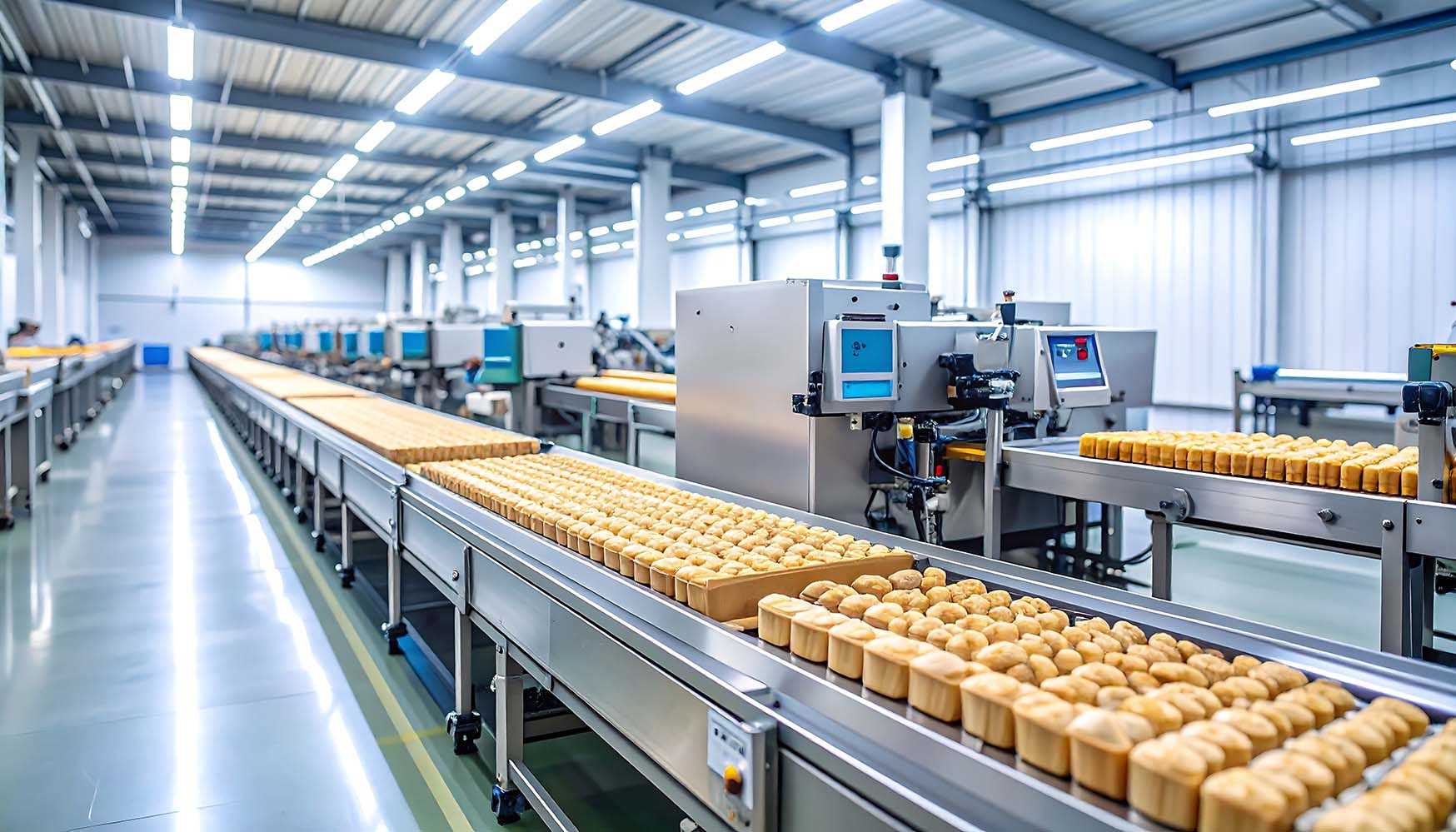 Linha de produção automatizada numa fábrica de pão, com várias fileiras de pães recém-assados em esteiras transportadoras.