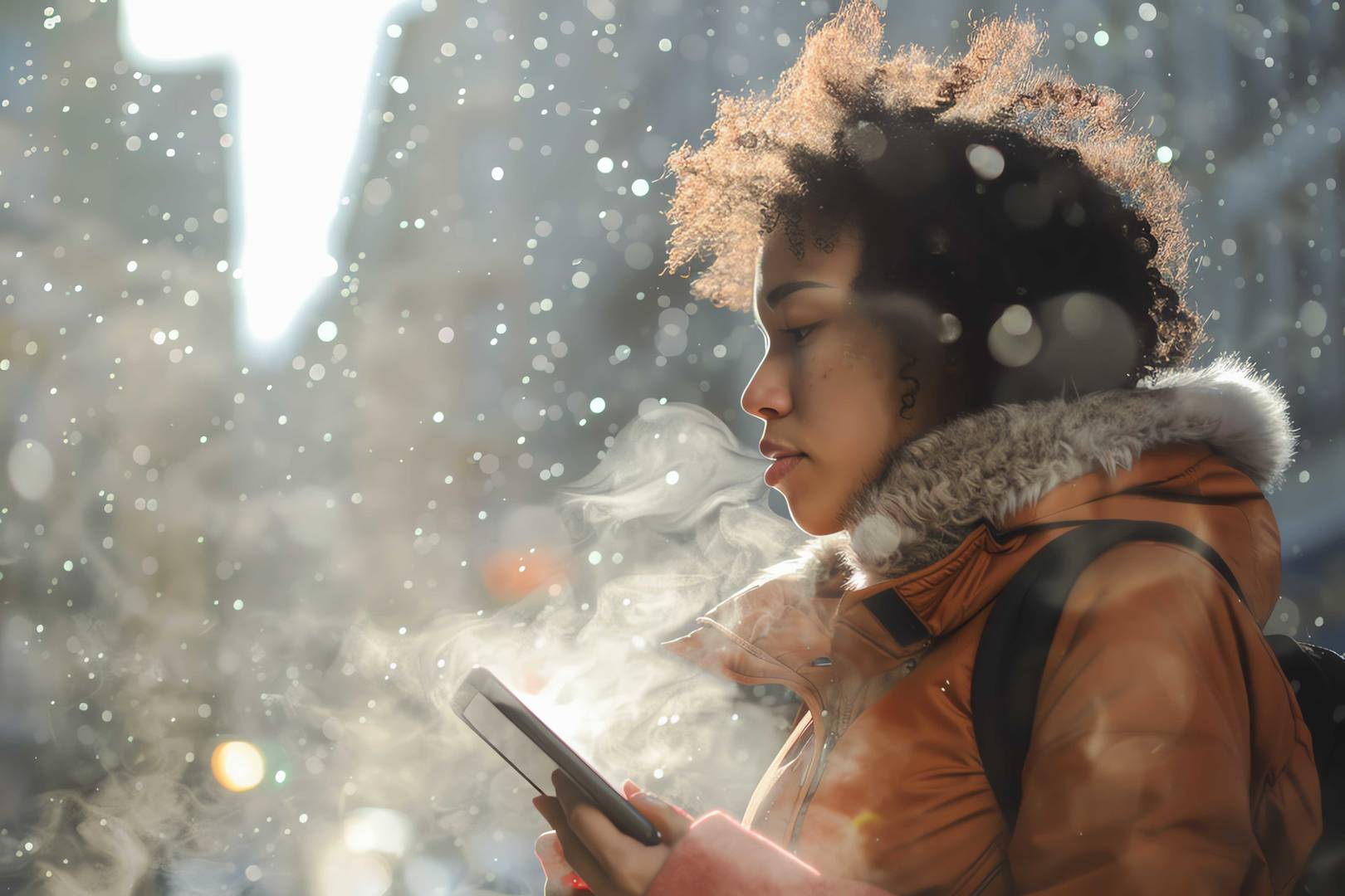 Kahverengi kürklü mont giyen bir kişi, elindeki akıllı telefona bakıyor; arka planda kar taneleri veya parçacıklar süzülüyor.