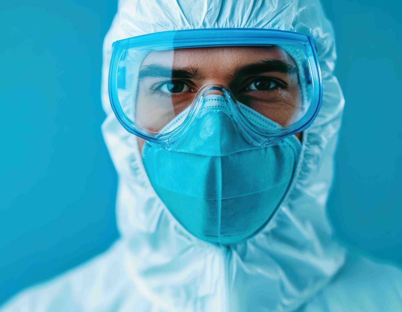 Mavi bir arka plan önünde, koruyucu giysi ve gözlük takmış bir kişi yer almakta; yüzü bulanıklaştırılmıştır.