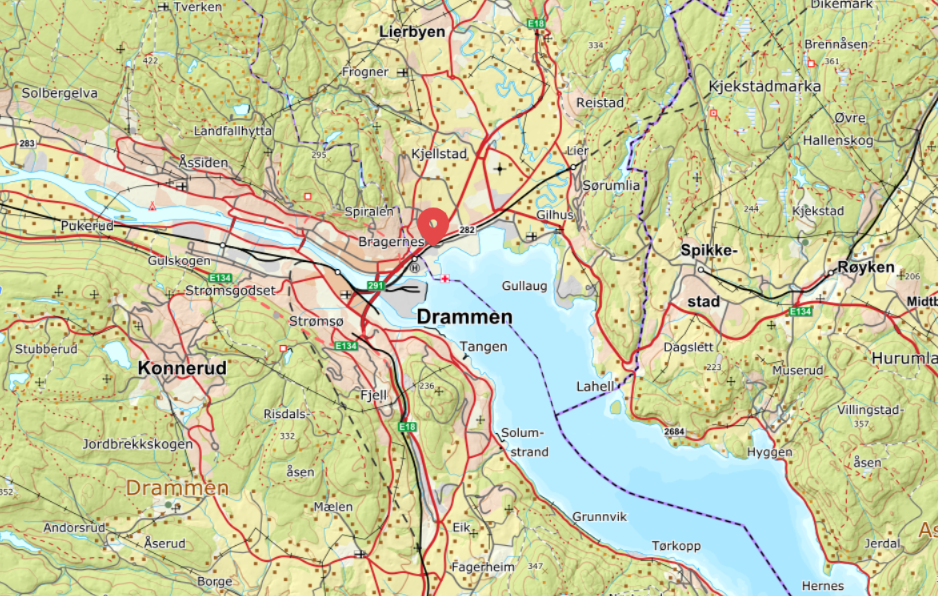 Kart Drammen rød pil