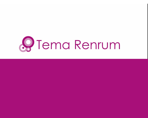 Logotyp för Tema Renrum med magentafärgad text och cirkelformad symbol på vit bakgrund ovanför ett magentafärgat färgfält.