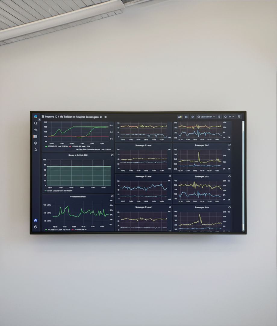 A large wall-mounted display screen showing a dark-themed dashboard with multiple data panels, charts, and text in white and green, mounted on a light grey wall in an office or control room setting.